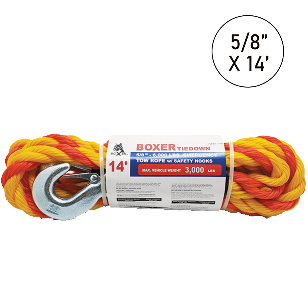 5/8 x 14' Braided Tow Rope with Safety Hooks: 2266 lbs Strength