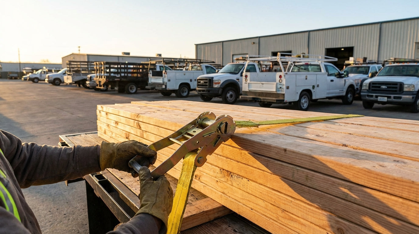 Person measuring wooden planks with a tape measure in an industrial setting