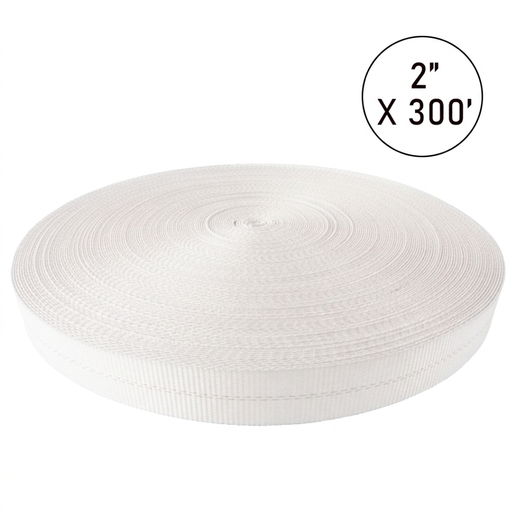 White ribbon roll with dimensions 2" x 300' on a white background