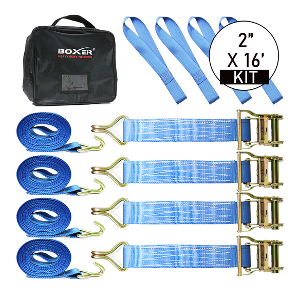 Boxer BlueGuard 2" x 16' Ratchet Strap - Heavy-Duty J Hooks - 4,400 lb BS - Wide Handle - Available as Single or 8-Piece Pro-Bundle Kit