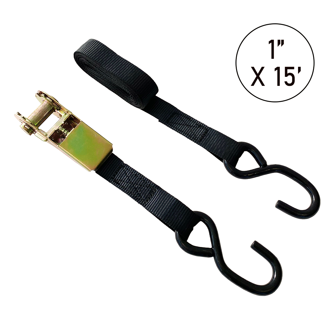 Universal 1" x 15' Ratchet Tie Down with S-Hooks - 1,500 lbs. Load Capacity