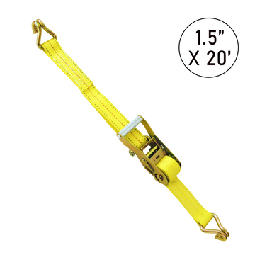Boxer 1.5" x 20' Heavy-Duty Ratchet Strap - 5,000 lb BS - Yellow Polyester Webbing - Double J-Hooks - High-Leverage Wide Handle - Industrial Grade