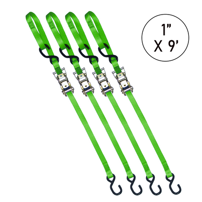 Boxer 1" x 9' Ratchet Tie Down - Motorcycle, ATV, UTV Secure Strapping with S Hooks and Loop End, 3000lbs Break Strength, Vibrant Color Options, Crafted in California for Ultimate Confidence