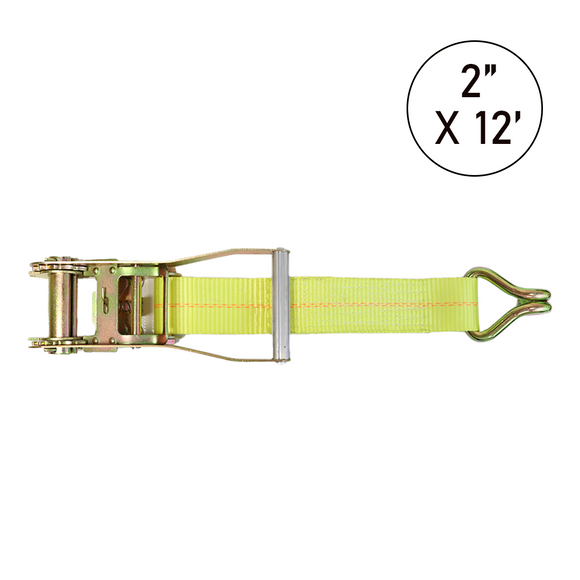 Boxer 2" x 12" Heavy Duty Ratchet Strap Replacement Short End - Twin J Hook / Wire Hook - 10,000 lb BS - Double Locking Wide Ratchet