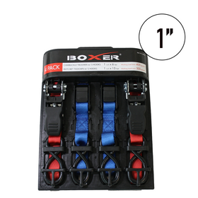 A set of four tie down straps in black, with two red ratchet straps and two blue cam buckle straits, packaged in a Boxer branded box.