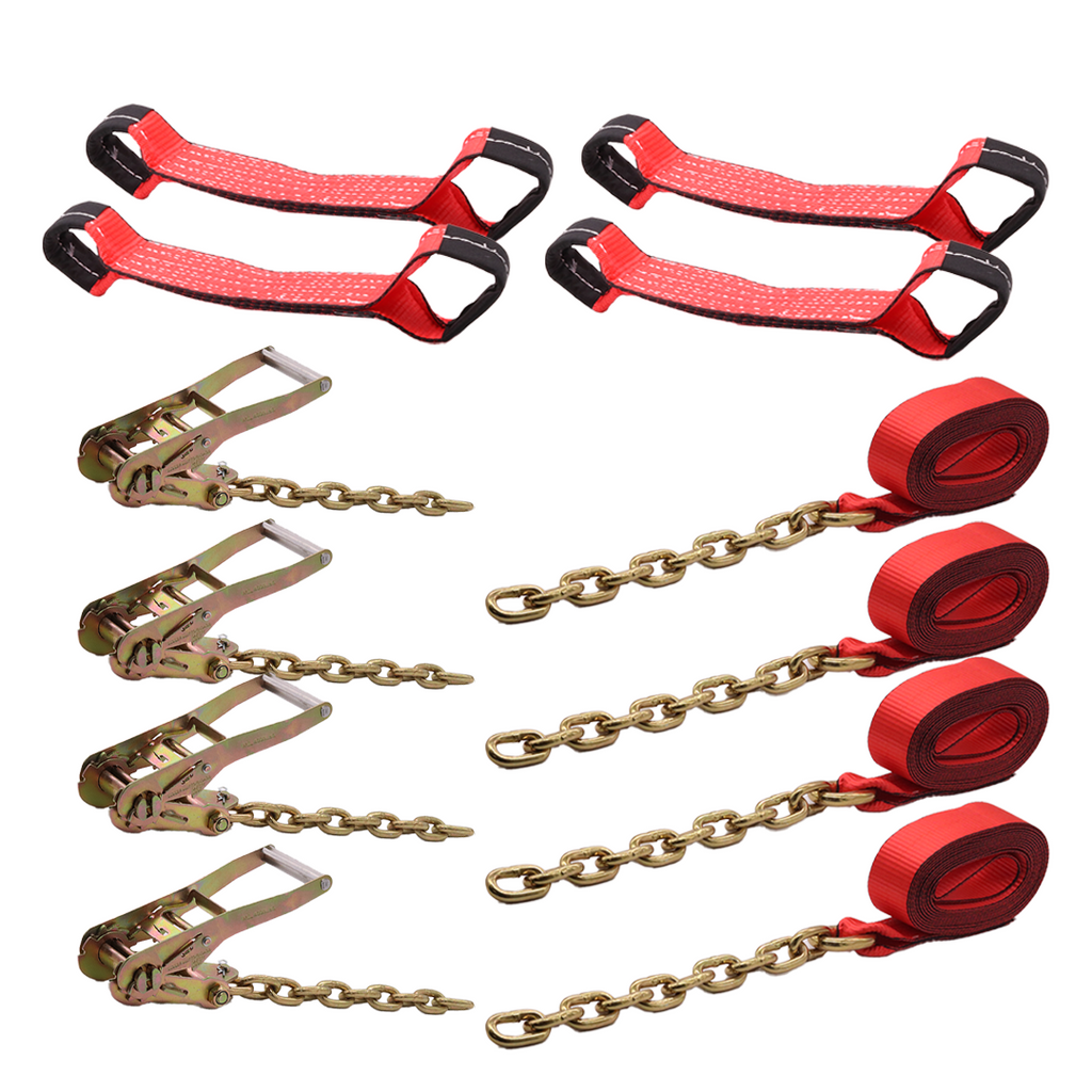 Boxer 8-Point Roll Back Vehicle Tie-Down Kit with G70 Chain Extensions - Set of 4