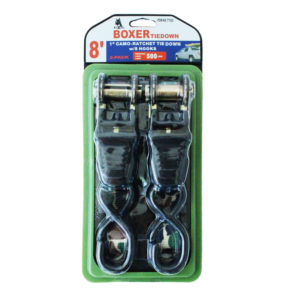 Boxer CamoStrap ProFlex: 1" x 8' Ratchet Tie Down Set - 1500 lbs Breaking Strength