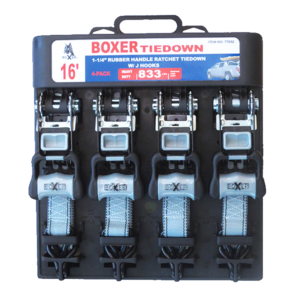 Boxer Pro 1 1/4" x 16' Ratchet Tie Downs Set with Coated J Hooks - 2500 lbs Breaking Strength