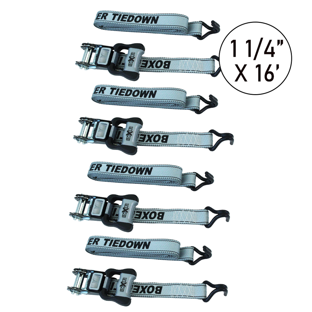 Boxer Pro 1 1/4" x 16' Ratchet Tie Downs Set with Coated J Hooks - 2500 lbs Breaking Strength