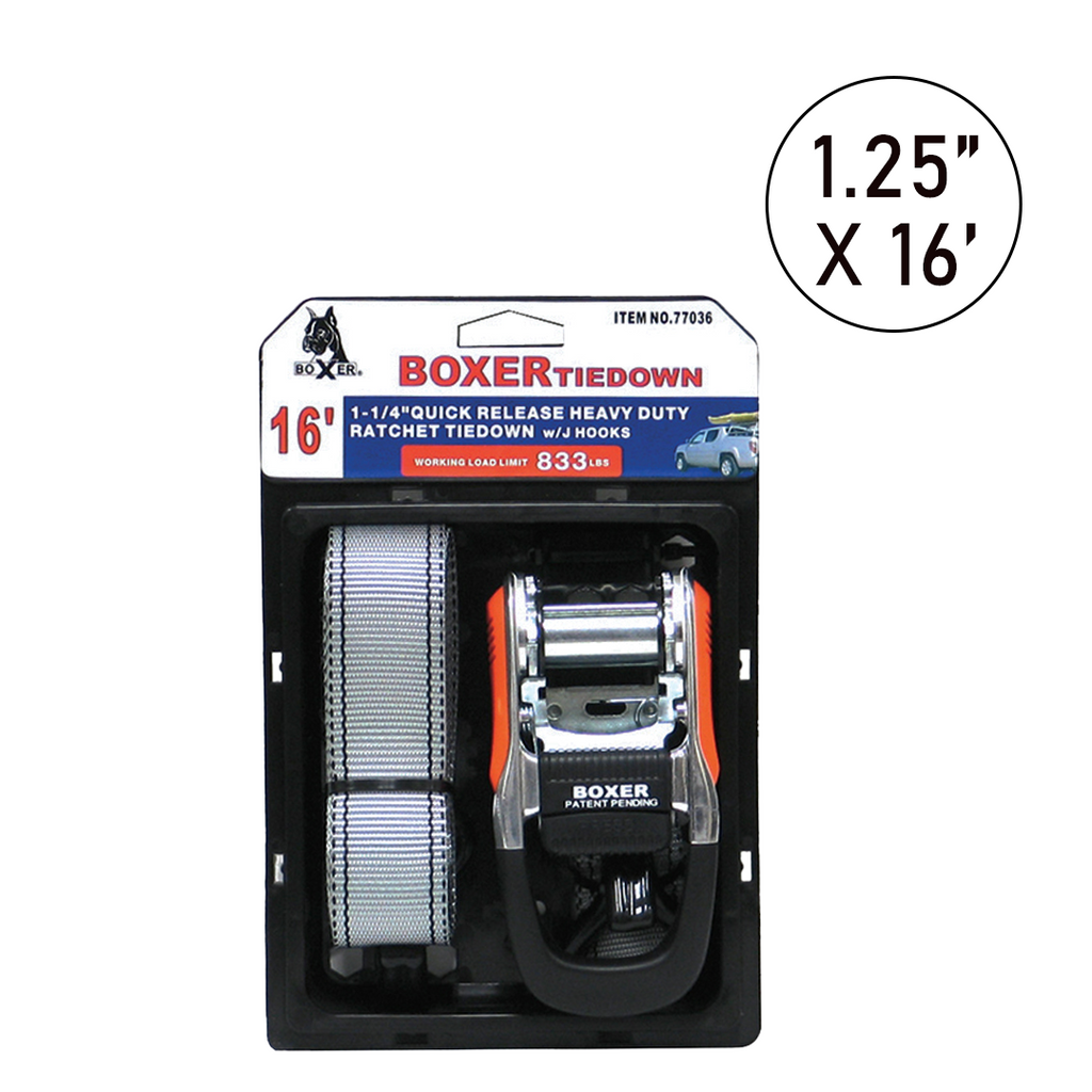 Boxer SwiftSecure Quick Release Ratchet Tie Down with J Hooks (1 1/4" x 16') - 2500 lbs Breaking Strength