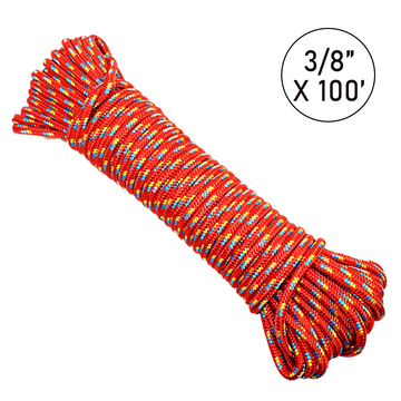Buy red Ultra-Durable 3/8" x 100' Polypropylene Truck Rope: 1,200 lbs Breaking Strength, 400 lbs Working Load Limit, Diamond Braided Construction