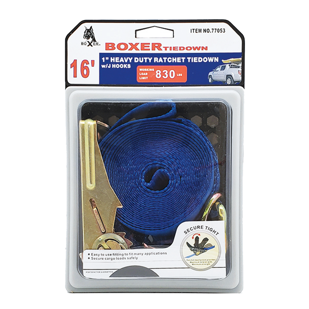 Boxer Dual Strength 1" x 16' Ratchet Tie Down with an Additional D Ring for Enhanced Load Security - 2500 lbs Breaking Strength