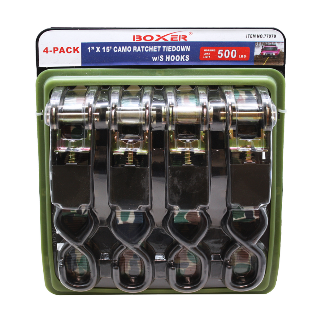 Boxer Stealth Grip Pro  1" x 15' Camouflage Ratchet Tie Down Set - 1500 lbs Breaking Strength