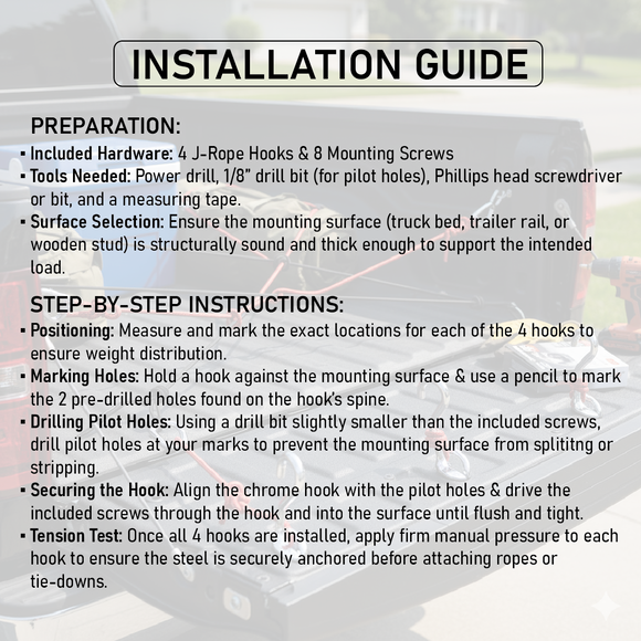 4-piece chrome steel J-rope hook set with mounting screws for truck bed tie-downs.