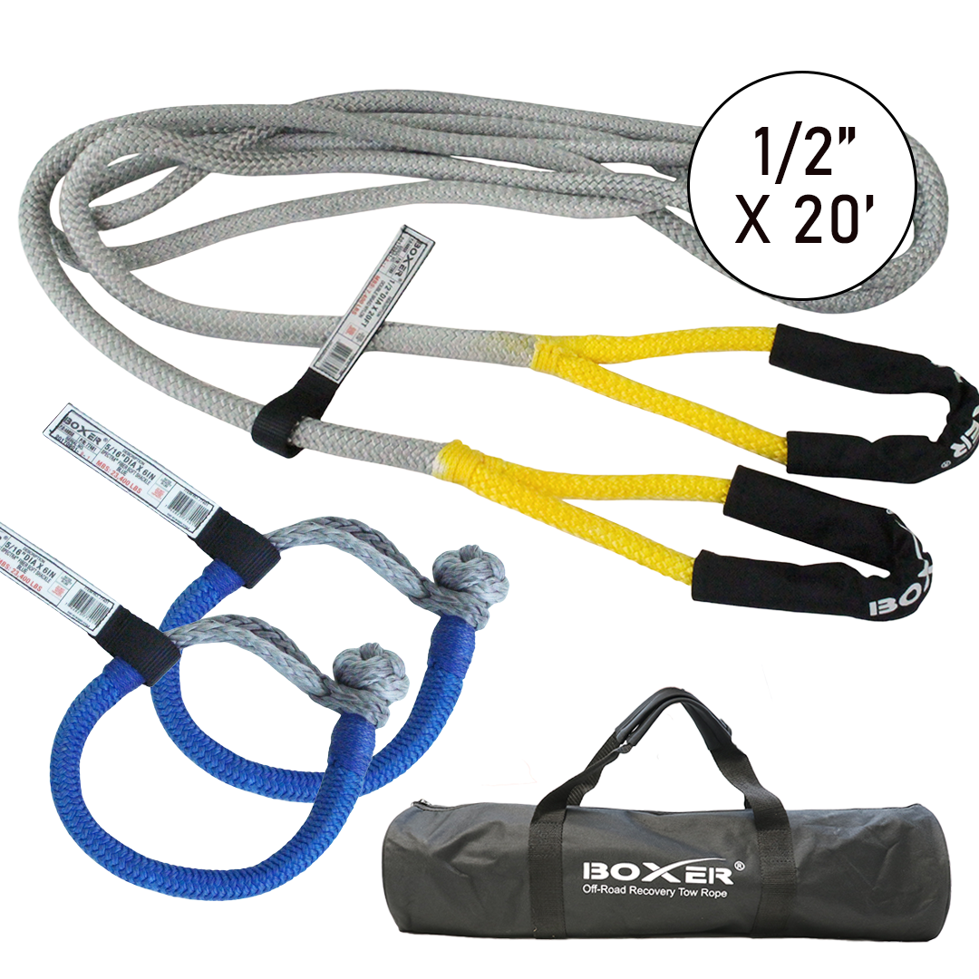 Compact Vehicle Recovery Rope Kit: 1/2" Kinetic Nylon Rope & 5/16" Soft Shackles