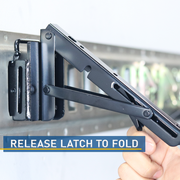 Foldable E-Track Shelf Bracket Kit (Set of 2) – Heavy-Duty, 110 lb Capacity, Space-Saving Storage Solution for Trailers, Garages & Workbenches