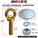 A product information graphic for a Boxer brand eye bolt hardware set, showing a large gold-toned eye bolt with dimensions, a silver round flat washer, a silver lock washer, and a silver hex nut, with labeled measurements on a white background.