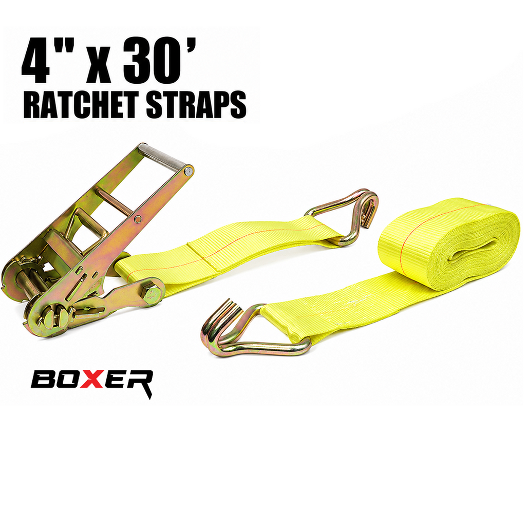 Boxer 4" x 30' Heavy-Duty Ratchet Tie Down with J Hooks - 16,200 lbs Breaking Strength