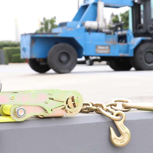 Boxer 2" Heavy-Duty Ratchet Strap - G70 Forged Chain Hooks - 5/16" Chain - USA Assembled - 10,000 lb BS - Wide Ratchet Handle