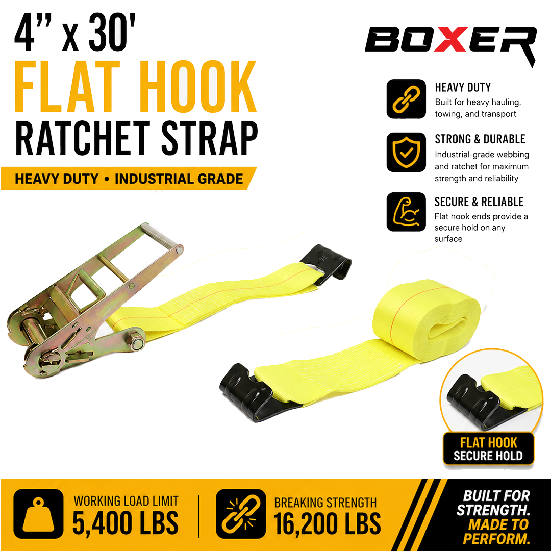 Boxer 4" x 30' Heavy-Duty Ratchet Tie Down with Flat Hooks - 16,200 lbs Breaking Strength