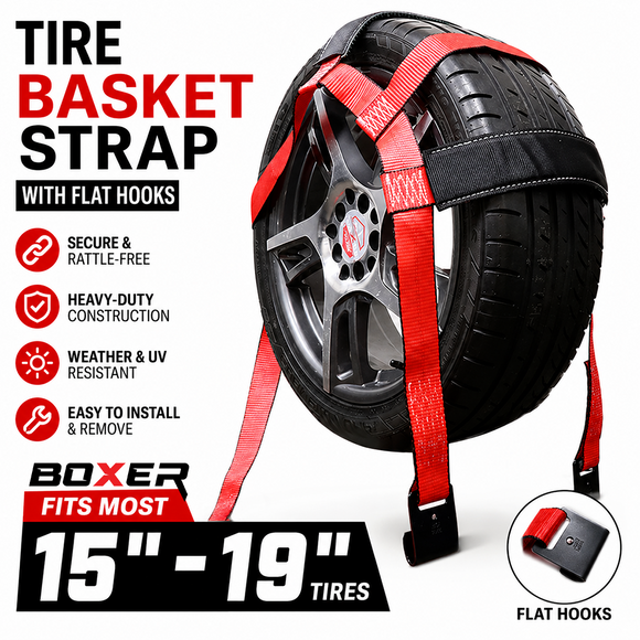 Boxer SureGrip 2" x 8' Wheel Basket Tire Holder with Flat Hooks and Grip-enhancing Rubber Sleeves