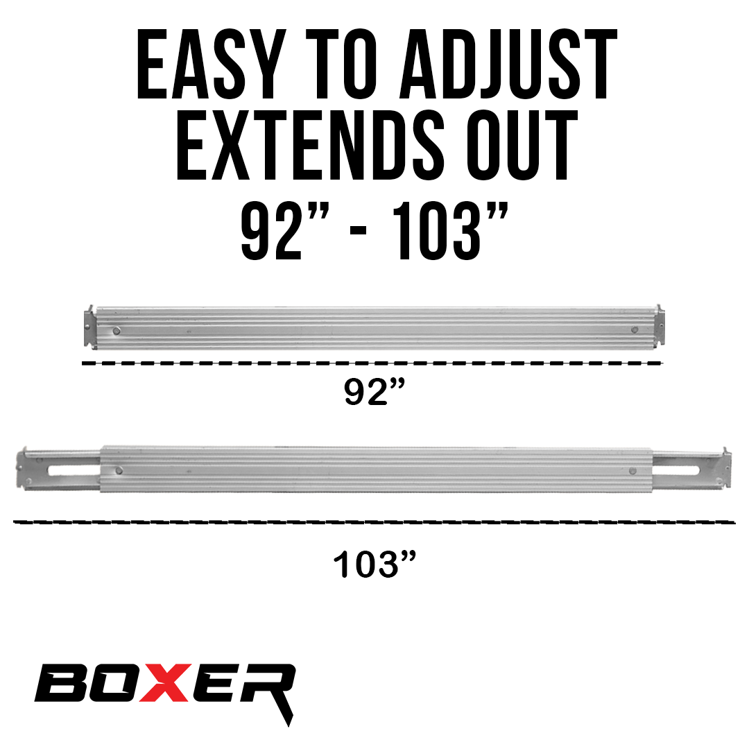 Measurement chart showing adjustable length range with 'Boxer' brand logo.