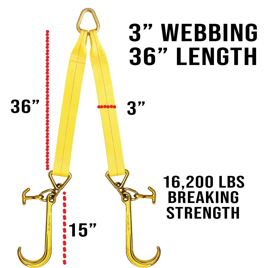 Boxer Ultimate Power 3" x 36" V-Bridle Towing Tie-Back Strap with 15" Forged Tow Hook and T Hook