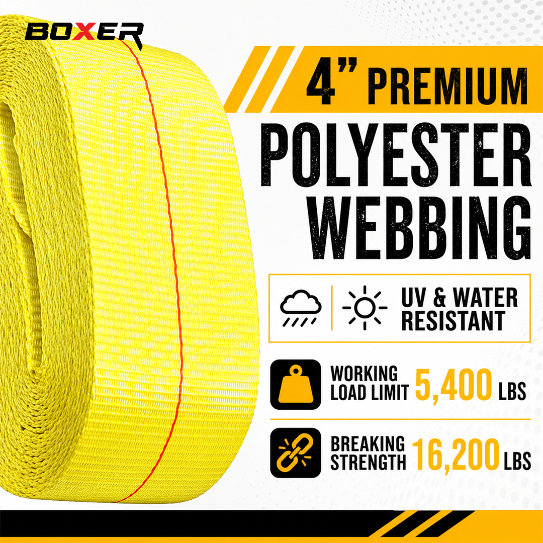 Boxer 4" x 30' USA Assembled Heavy-Duty Pro Ratchet Strap - Grade 70 Forged Chain Hooks - 16,200 lb BS - Double Locking Buckle - 20,000 lb Webbing