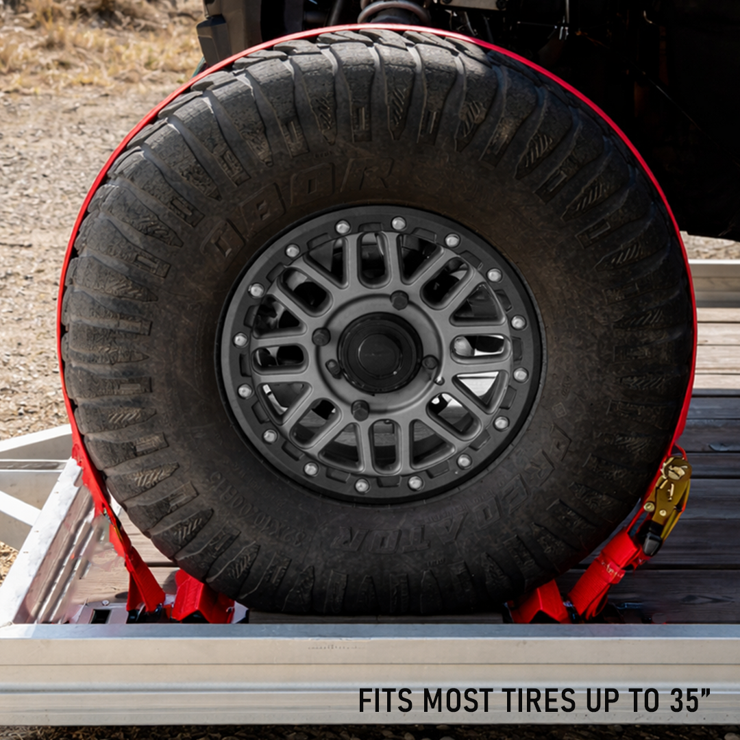 E-Track Wheel Chock Tie-Down Strap – 2" x 8' Heavy Duty Ratchet Strap, 4,400lb Break Strength, Secure Tire Bonnet for ATV, UTV, Lawn Mowers & Equipment Transport