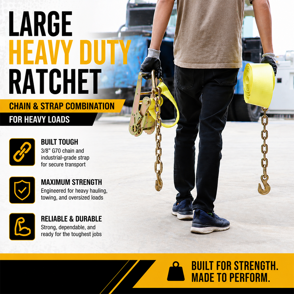 Boxer 4" x 30' USA Assembled Heavy-Duty Pro Ratchet Strap - Grade 70 Forged Chain Hooks - 16,200 lb BS - Double Locking Buckle - 20,000 lb Webbing