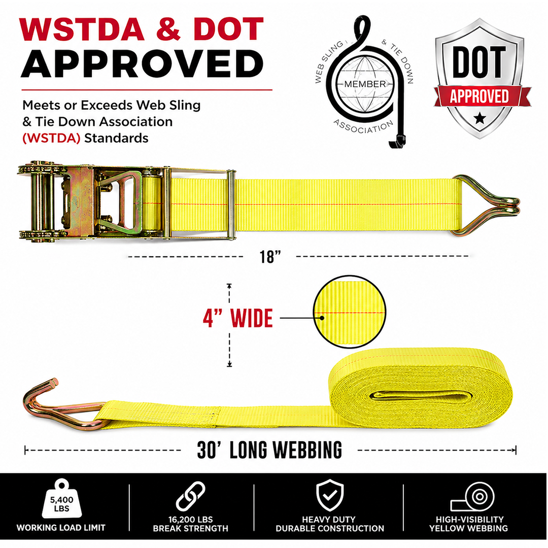 Boxer 4" x 30' Heavy-Duty Ratchet Tie Down with J Hooks - 16,200 lbs Breaking Strength