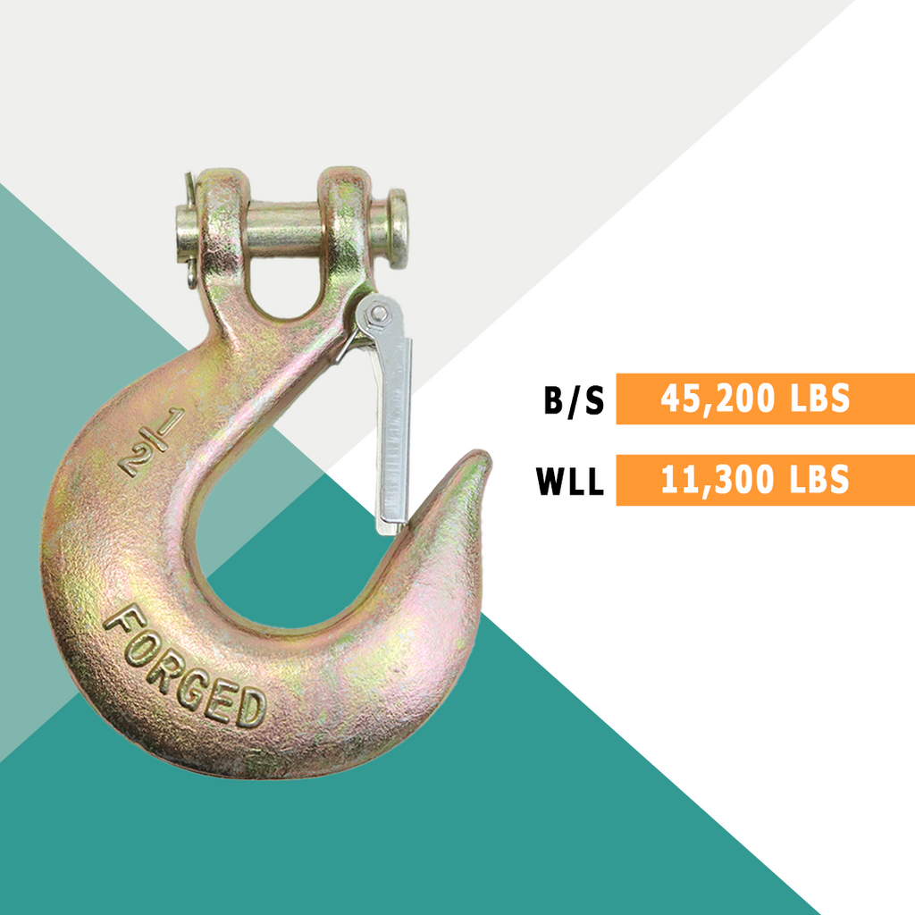 Heavy-Duty 1/2" Forged Clevis Hook with Safety Latch: Grade 70 Steel, Yellow Chrome Finish, 4x Breaking Strength