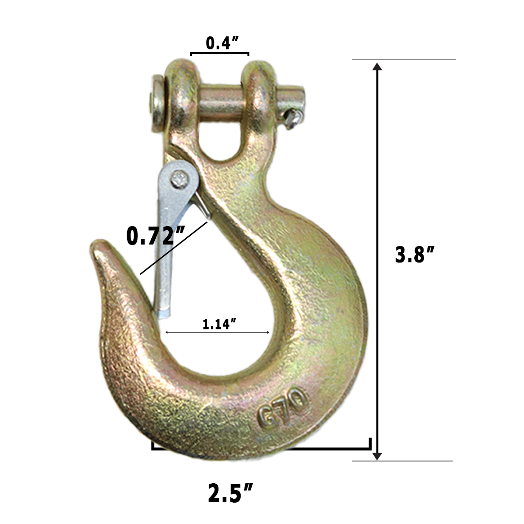 Heavy-Duty 1/4" Forged Clevis Hook with Safety Latch: Grade 70 Steel, Yellow Chrome Finish, 4x Breaking Strength