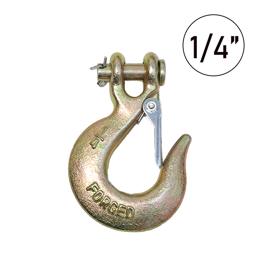 Heavy-Duty 1/4" Forged Clevis Hook with Safety Latch: Grade 70 Steel, Yellow Chrome Finish, 4x Breaking Strength