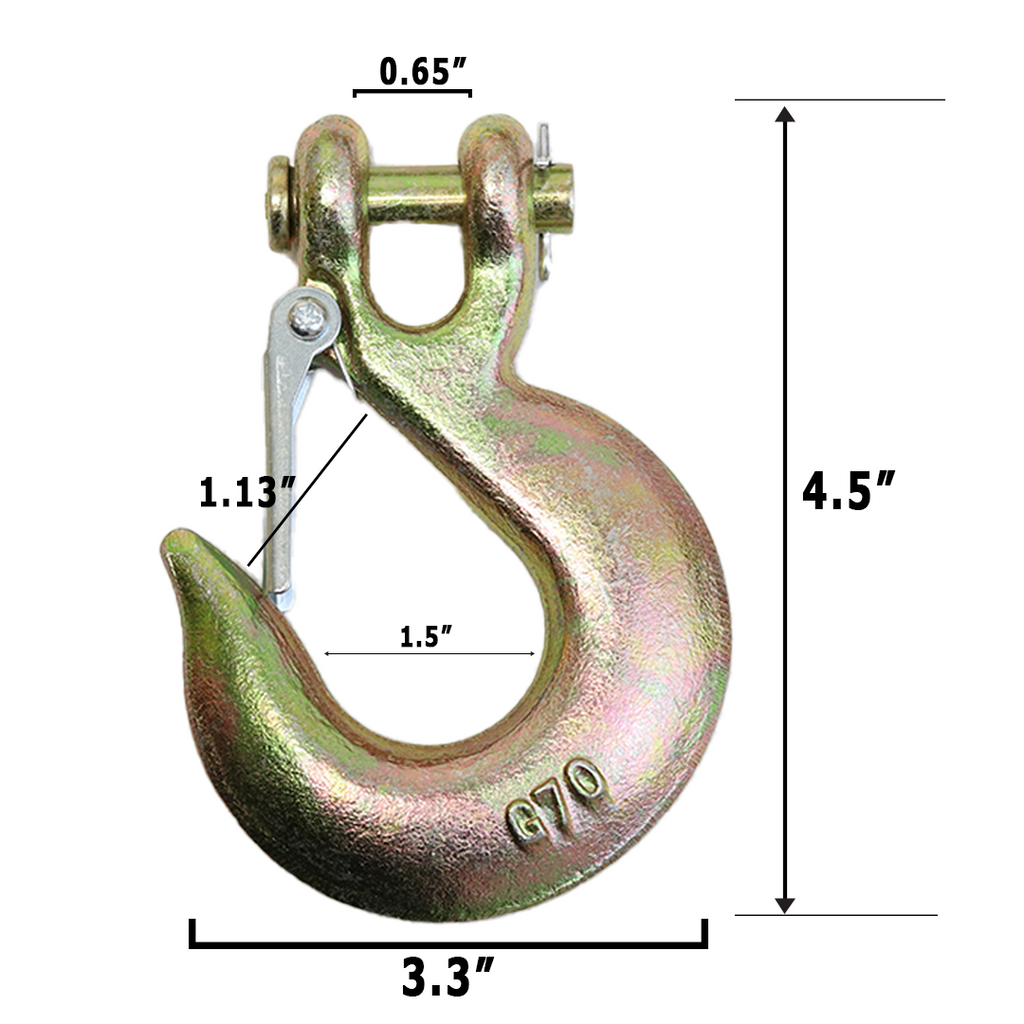 Heavy-Duty 3/8" Forged Clevis Hook with Safety Latch: Grade 70 Steel, Yellow Chrome Finish, 4x Breaking Strength