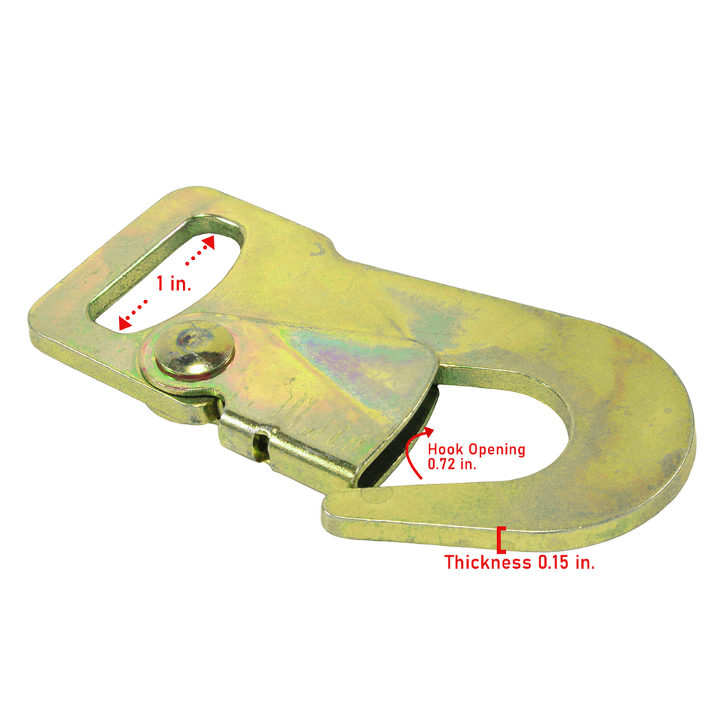 Metal hook with measurements indicated on a white background