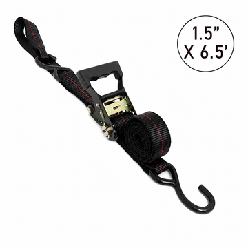 Ratchet strap with a handle and hooks on a white background, displaying dimensions.