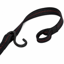 Black strap with red stitching and a metal hook on a white background