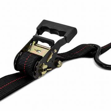 Ratchet strap with black handle and red stitching on a white background