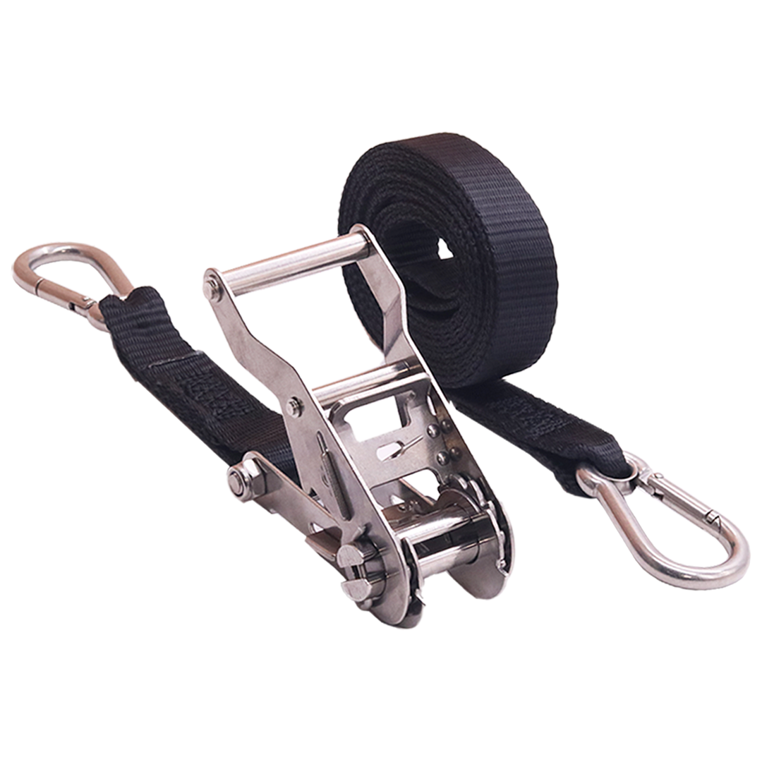 1" x 10' Stainless Steel Ratchet Strap with Carabiner Snap Hooks - 750 lbs. Working Load Limit