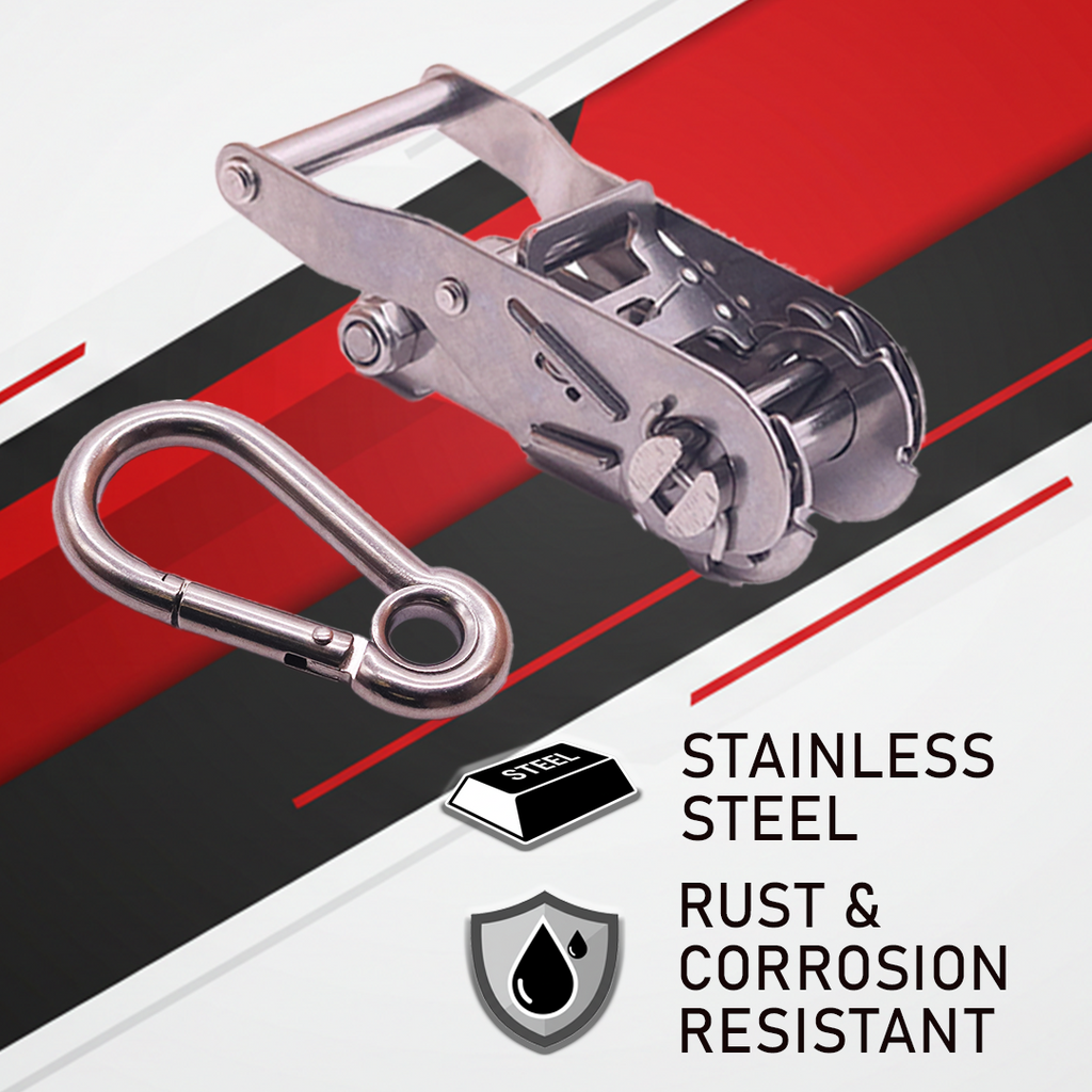 1" x 10' Stainless Steel Ratchet Strap with Carabiner Snap Hooks - 750 lbs. Working Load Limit