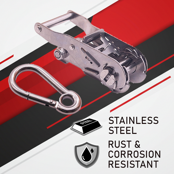 1" x 10' Stainless Steel Ratchet Strap with Carabiner Snap Hooks - 750 lbs. Working Load Limit