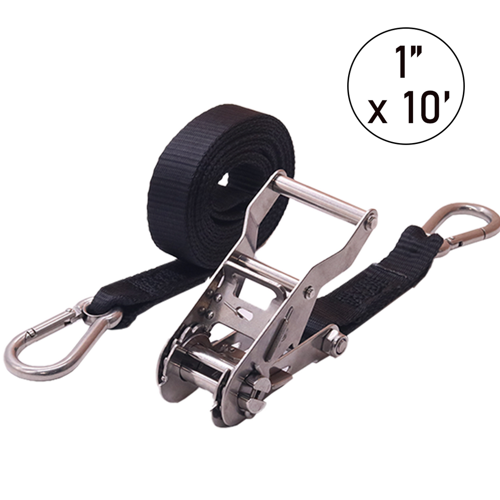 1" x 10' Stainless Steel Ratchet Strap with Carabiner Snap Hooks - 750 lbs. Working Load Limit