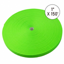 Green ribbon roll with dimensions 1" x 150' on a white background