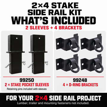 Stake Side Rail Kit — 6-Piece 2x4 Stake Sleeve & D-Ring Bracket Kit for Trailers - 0