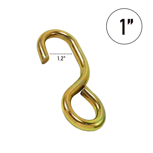 1" Heavy Duty S Hook - 3300lbs Breaking Strength, 1100lbs WLL, Yellow Chrome Tie Down Hook