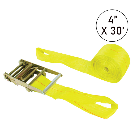 Boxer 4" x 30' USA Assembled Heavy-Duty Ratchet Strap - Reinforced Loop Ends - 15,000 lb BS - Double Locking Buckle - 20,000 lb Industrial Webbing