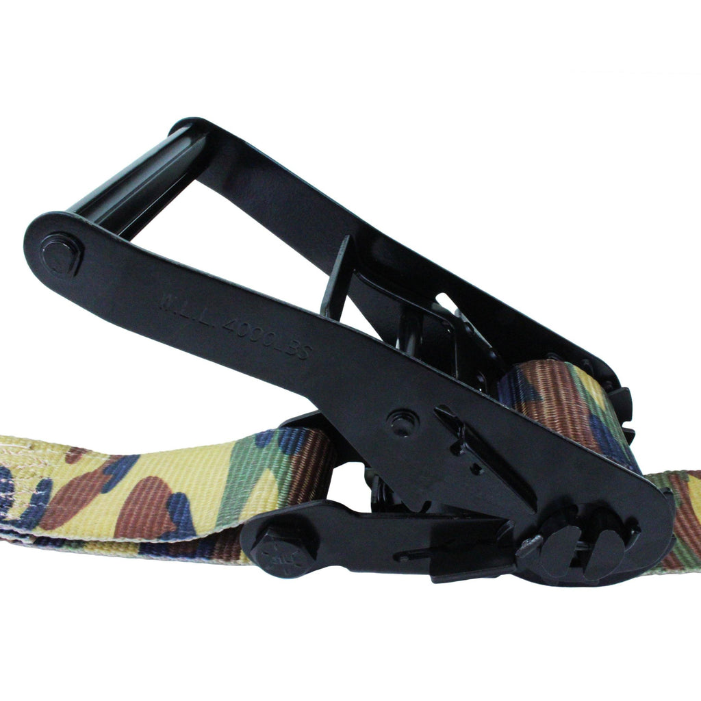 2 inch by 27 feet ratchet strap with twin j hooks in camouflage polyester webbing